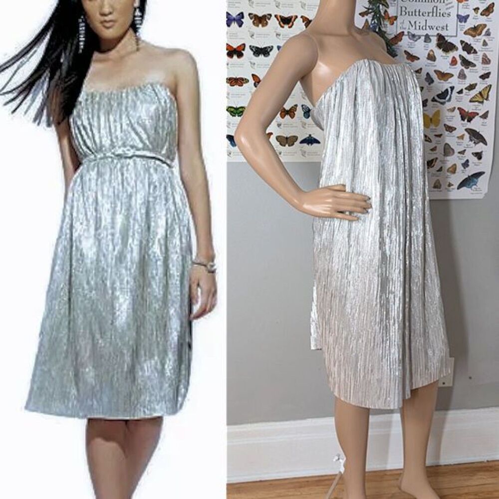 NWT French Connection Silver Mini Dress Strapless Formal Party Pleated Size 0